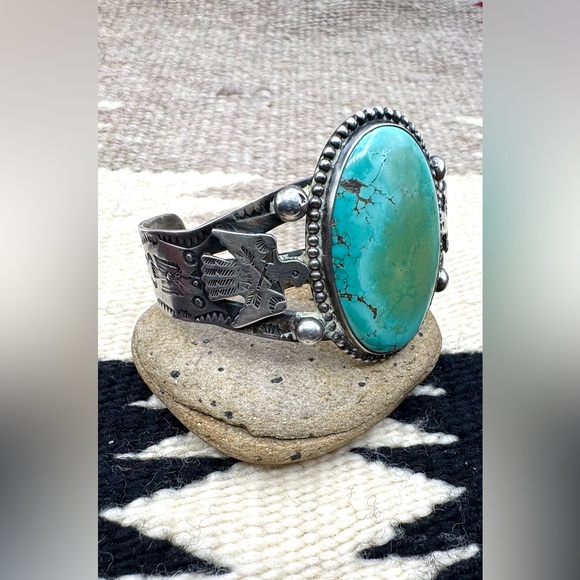Navajo Native Fred Harvey Style Sterling Silver Turquoise Thunderbird Cuff 7" - Picture 4 of 7